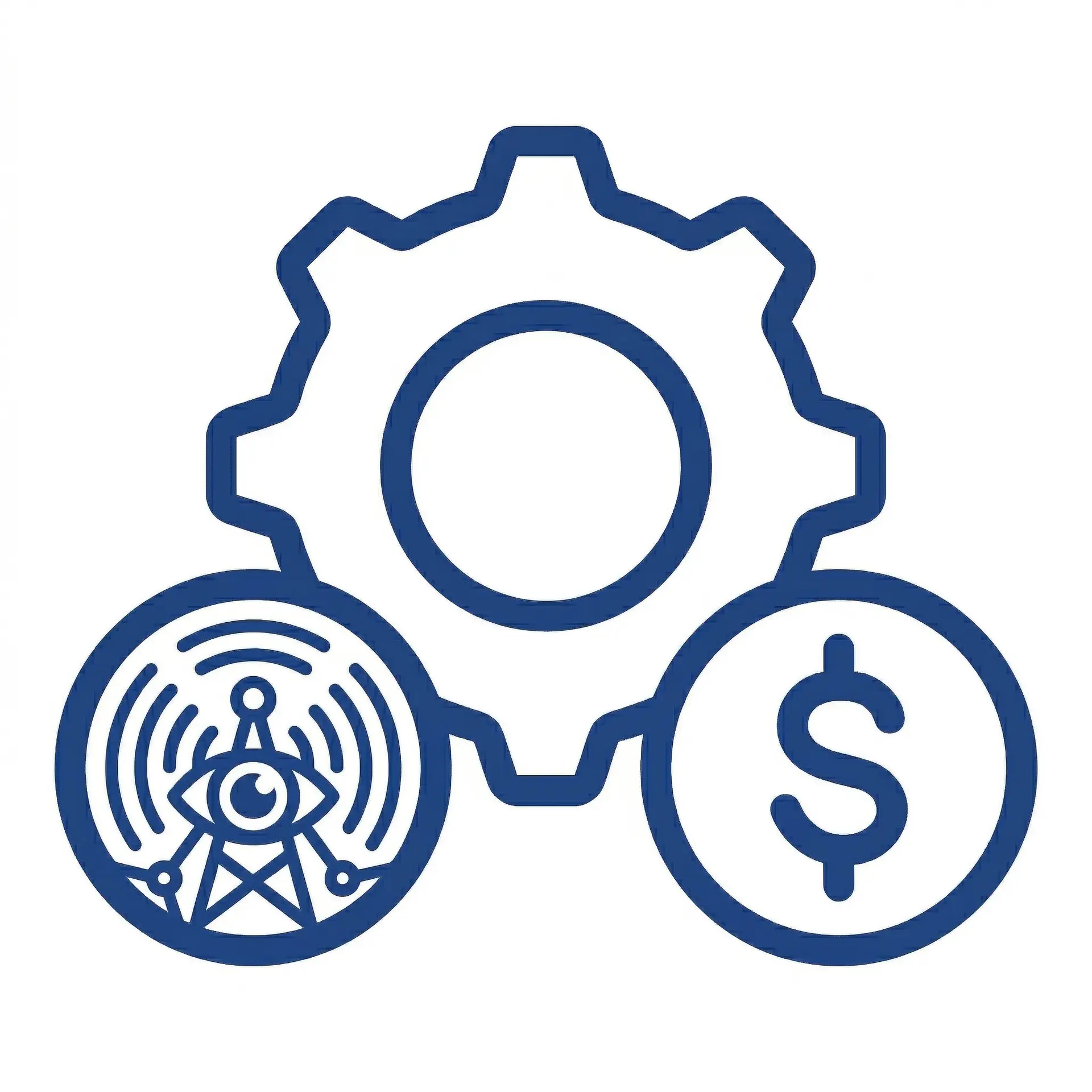 Outlined gear with a radio tower icon on the left and a dollar sign icon on the right.