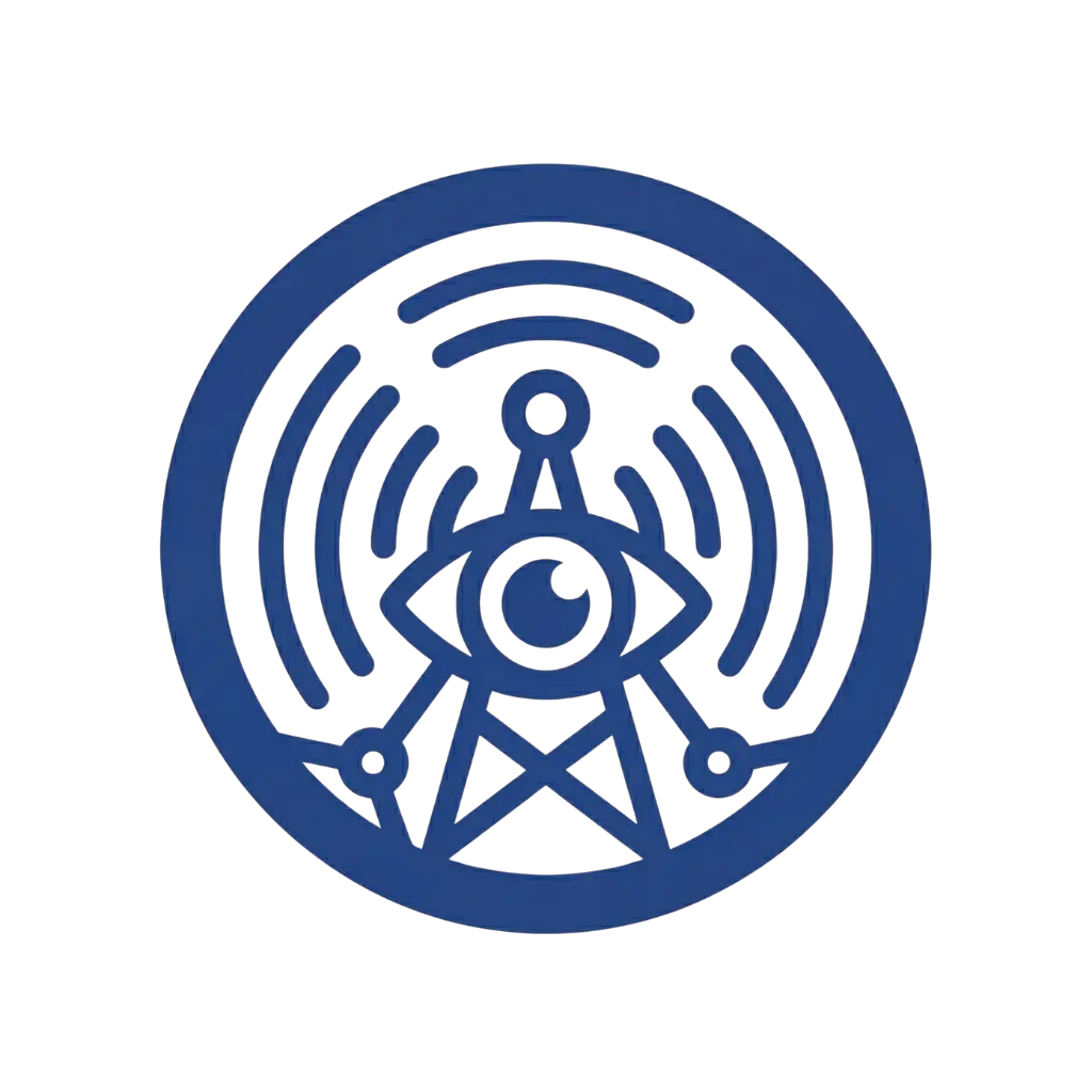 A blue icon of a radio tower with an eye in the center, emitting signal waves inside a circle.
