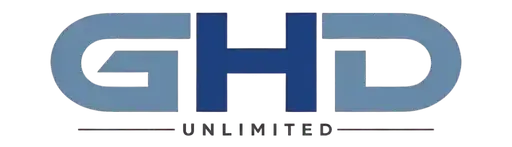 Logo with large blue letters GHD and smaller text UNLIMITED underneath.